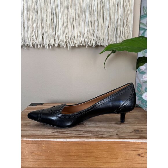 AERIN Pythian Black Genuine Leather Brogue Pointy Toe Kitten Heels  Pumps Size 9 - Picture 8 of 14
